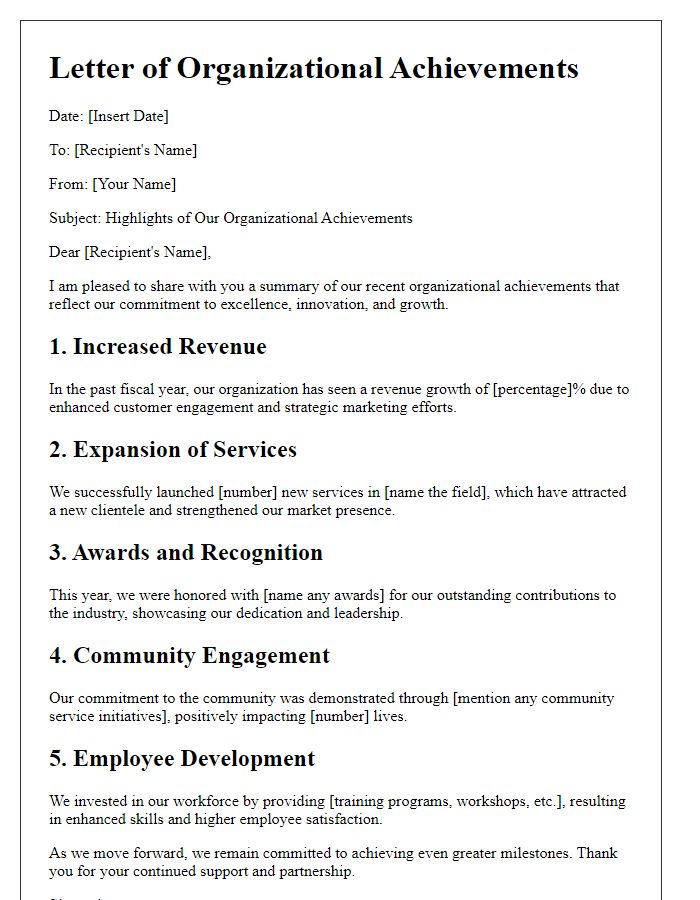 Letter template of detailing organizational achievements.