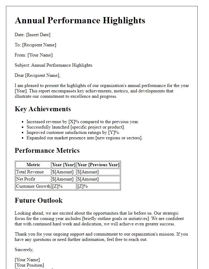 Letter template of presenting annual performance highlights.