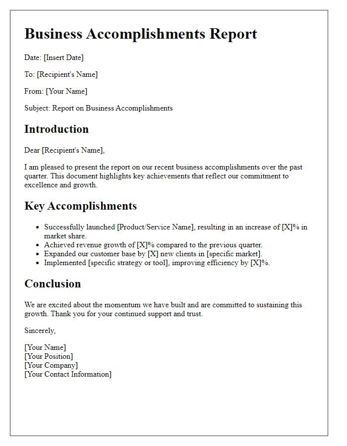 Letter template of reporting on business accomplishments.