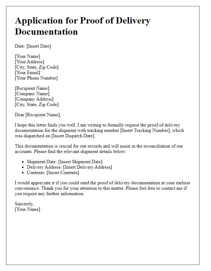 Letter template of application for proof of delivery documentation