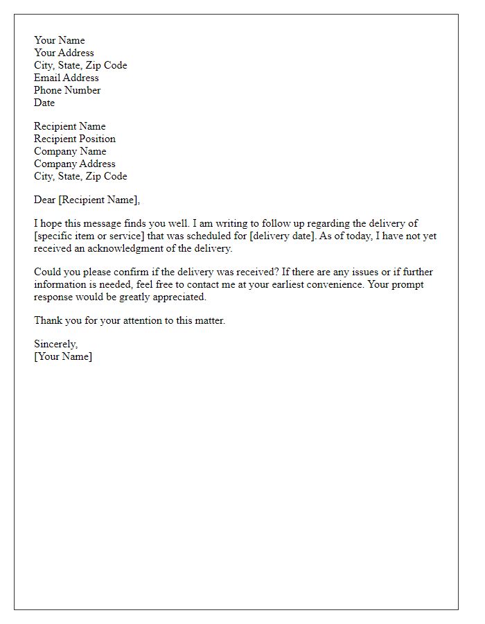 Letter template of follow-up for delivery acknowledgment