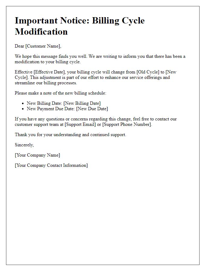 Letter template of Alert Regarding Billing Cycle Modification