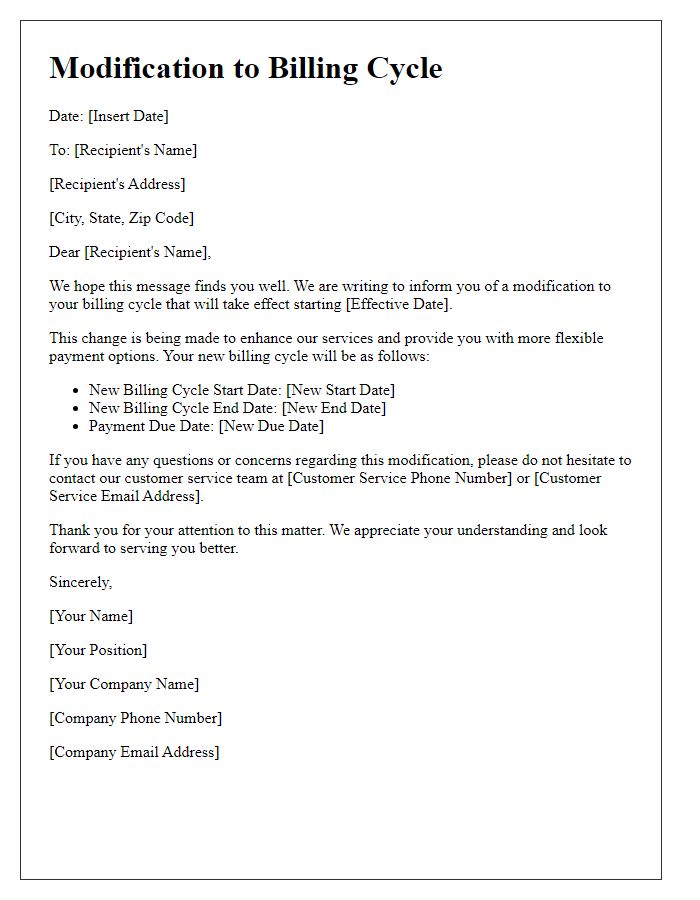 Letter template of Modification to Billing Cycle