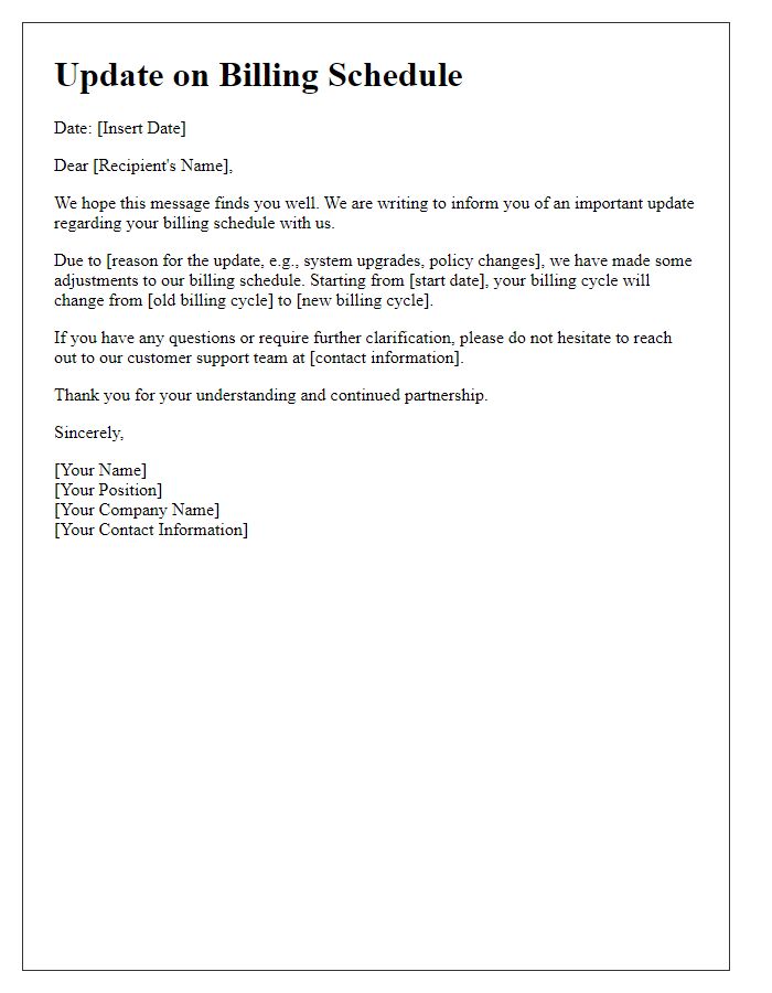 Letter template of Update on Billing Schedule