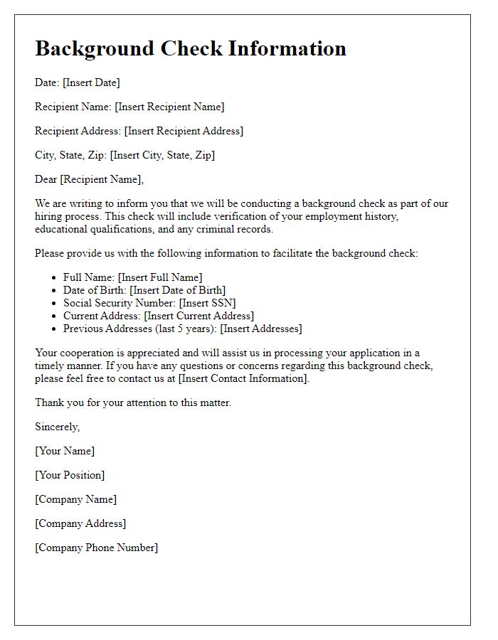 Letter template of Background Check Information