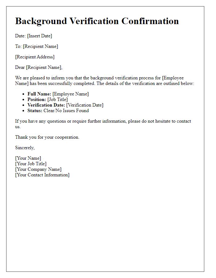 Letter template of Background Verification Confirmation