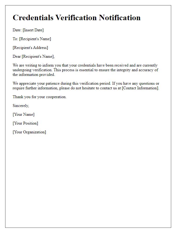 Letter template of Credentials Verification Notification