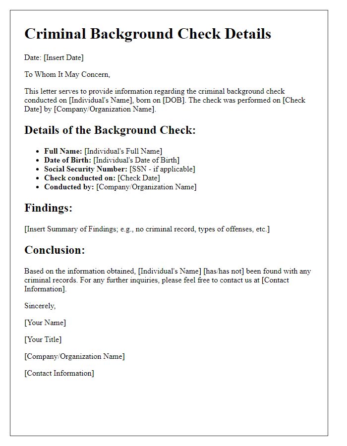 Letter template of Criminal Background Check Details