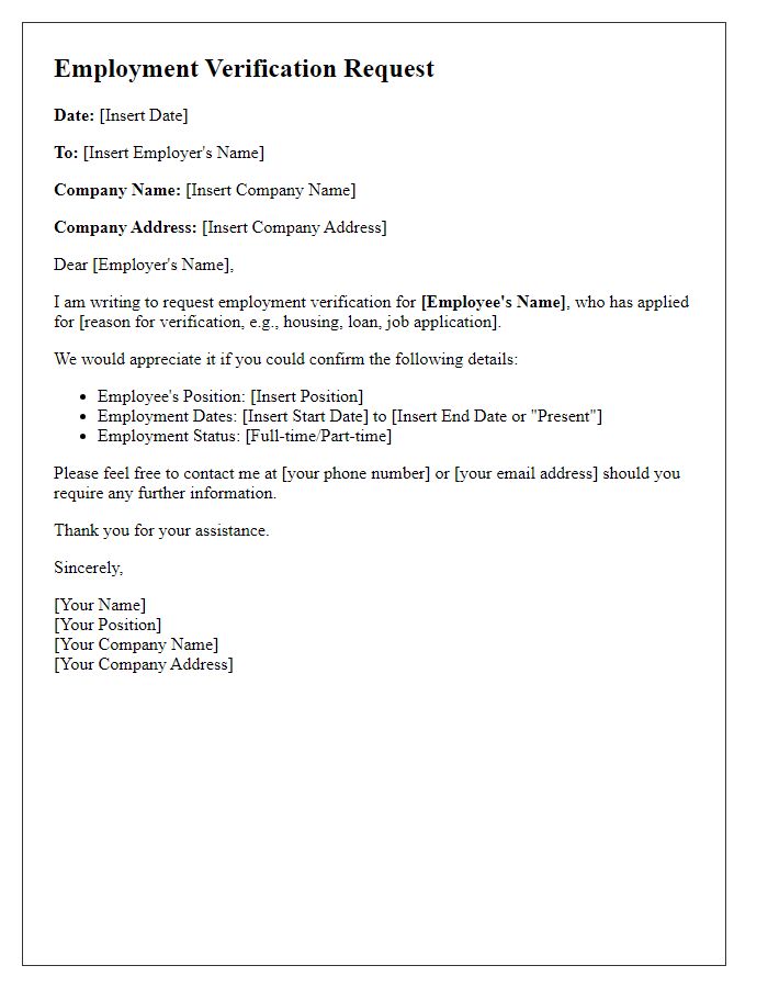 Letter template of Employment Verification Request