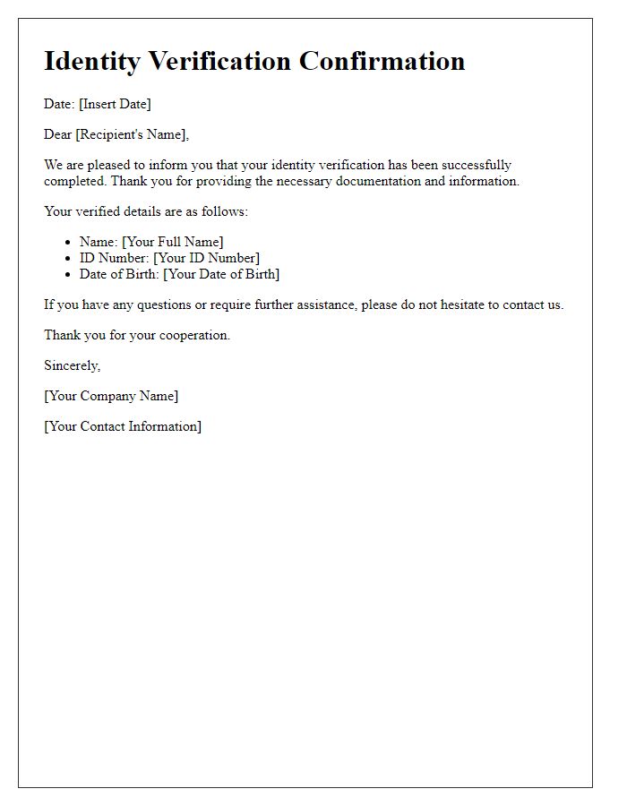 Letter template of Identity Verification Confirmation