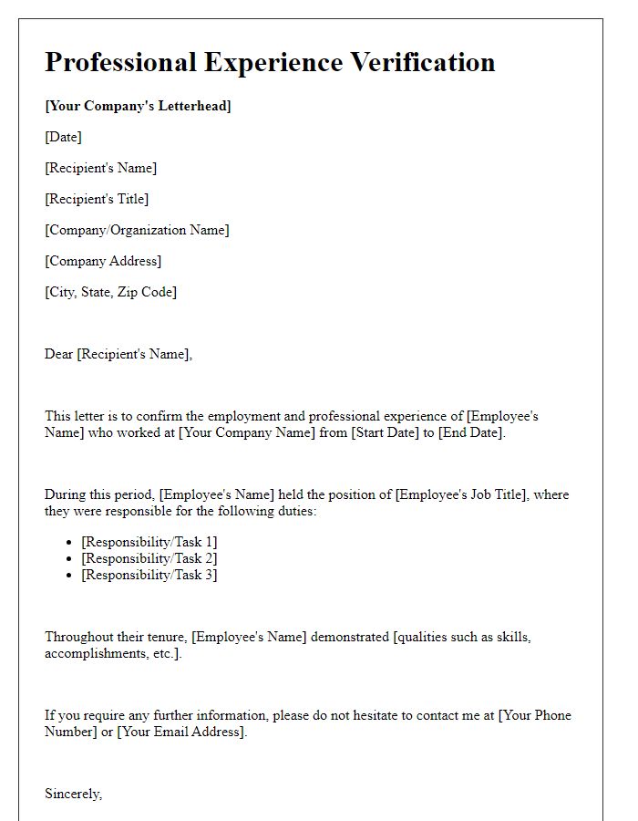 Letter template of Professional Experience Verification