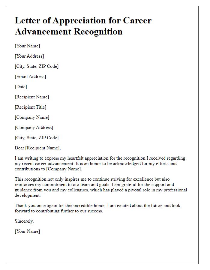 Letter template of appreciation for career advancement recognition