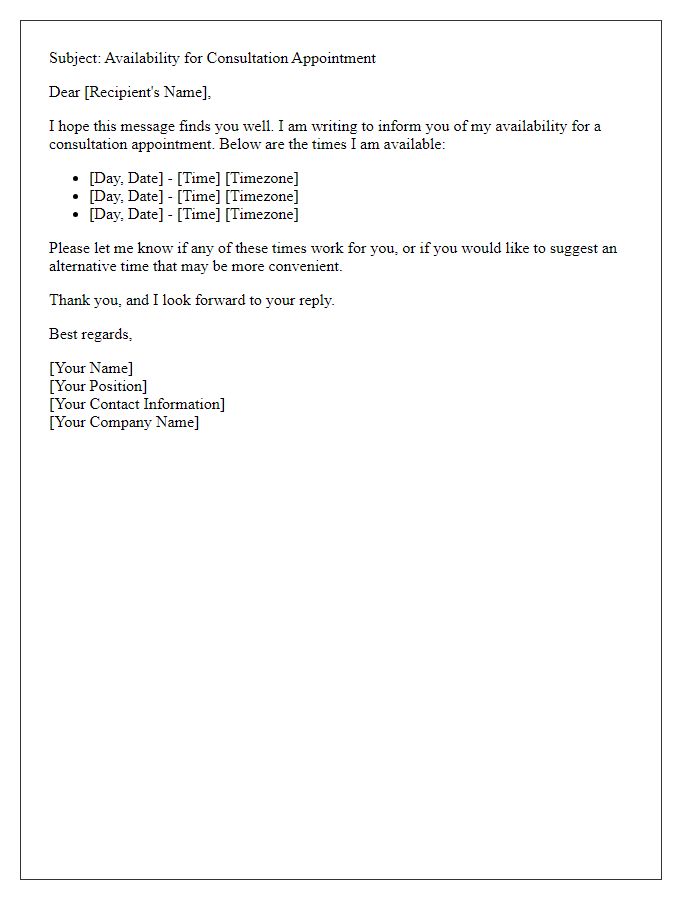 Letter template of availability for a consultation appointment.