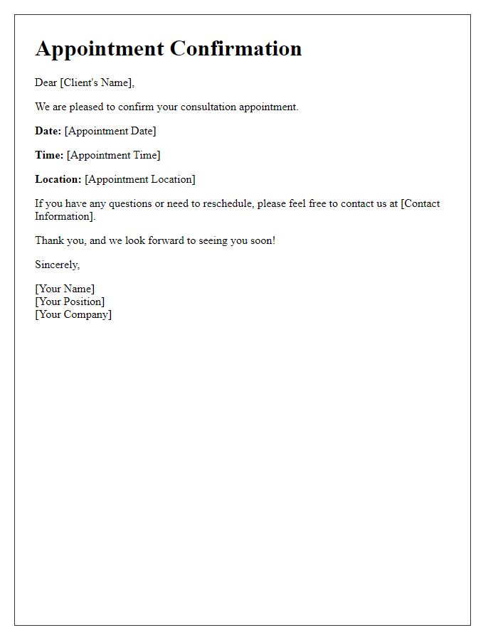 Letter template of confirmation for a consultation appointment.