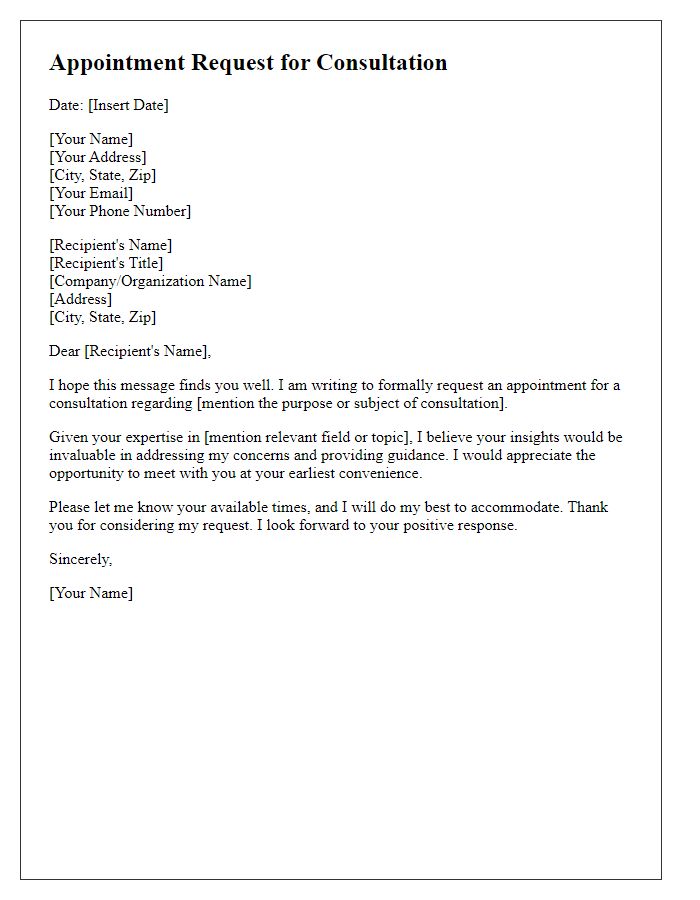 Letter template of formal appointment request for consultation.