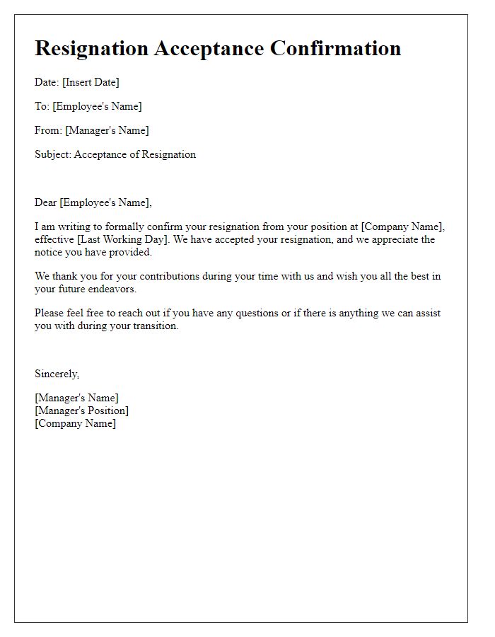 Letter template of confirmation regarding resignation acceptance