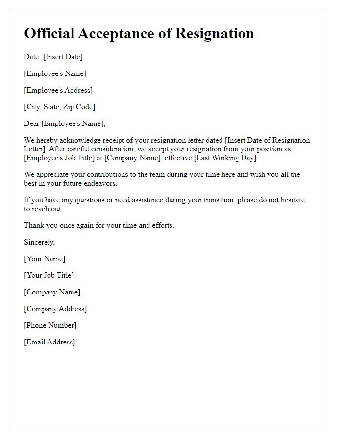 Letter template of official acceptance of your resignation