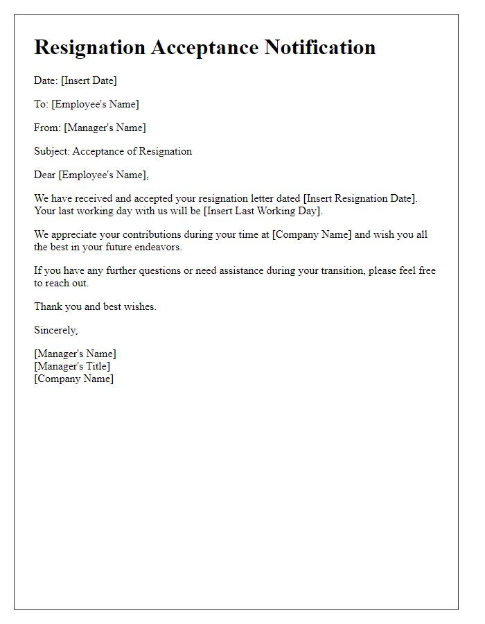 Letter template of resignation acceptance notification