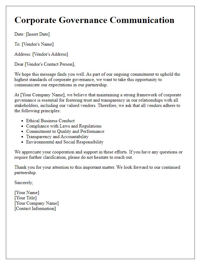 Letter template of corporate governance communication with vendors