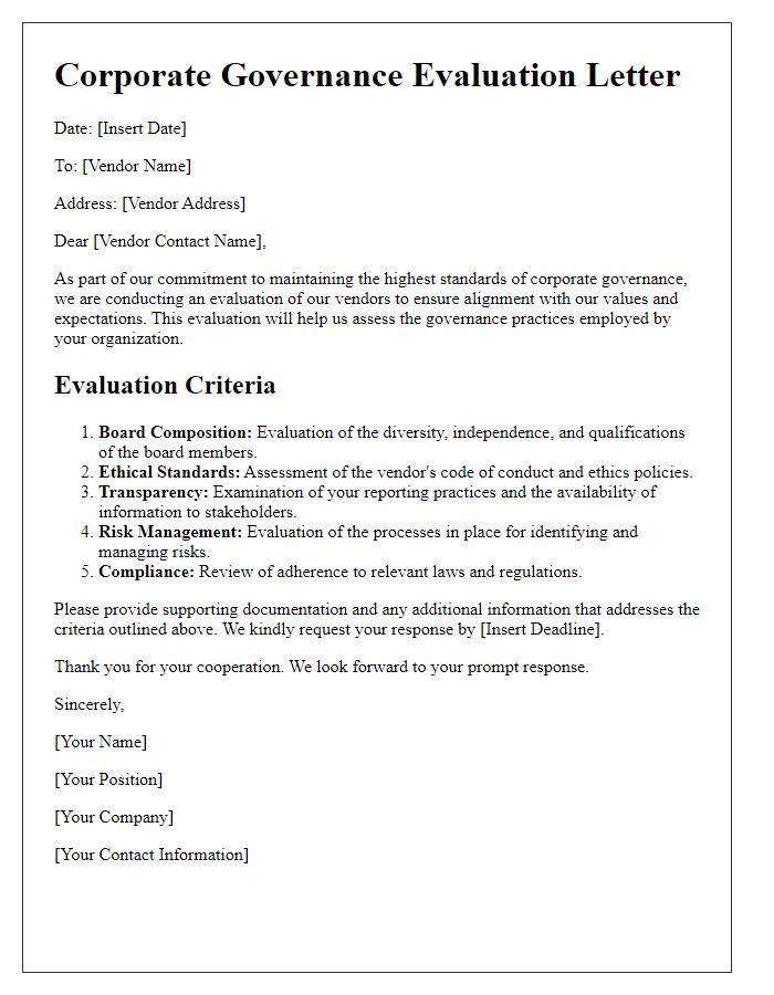 Letter template of corporate governance evaluation criteria for vendors