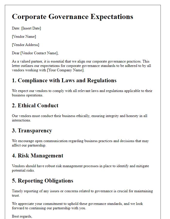 Letter template of corporate governance expectations for vendors