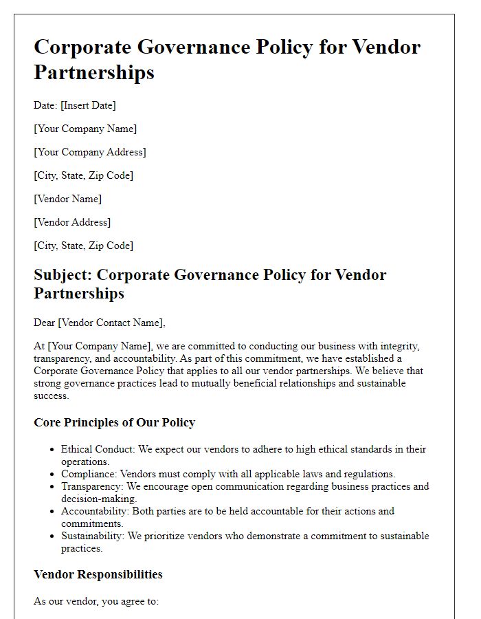 Letter template of corporate governance policy for vendor partnerships