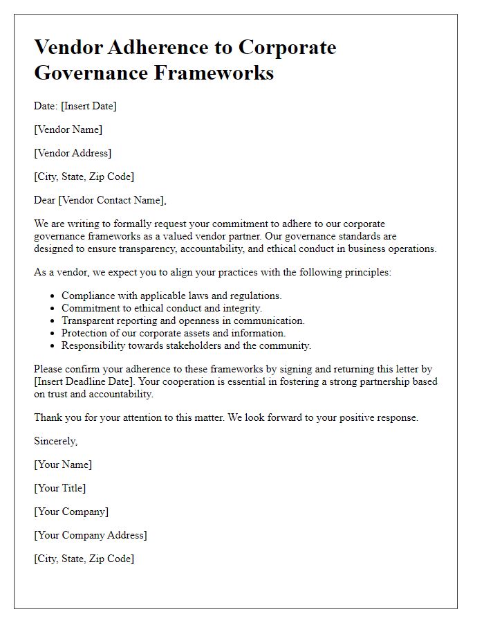 Letter template of vendor adherence to corporate governance frameworks