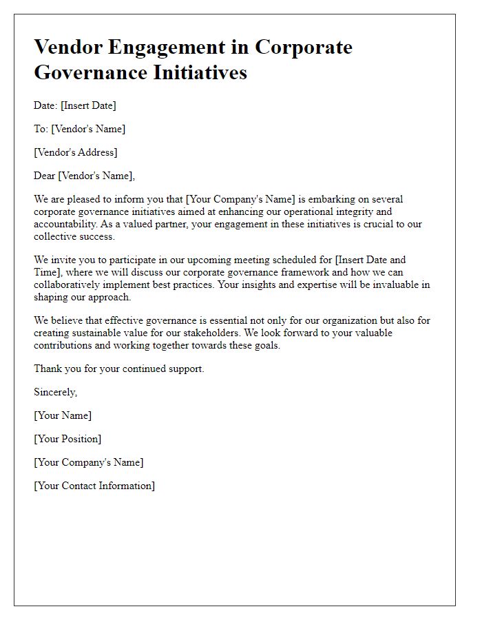 Letter template of vendor engagement in corporate governance initiatives