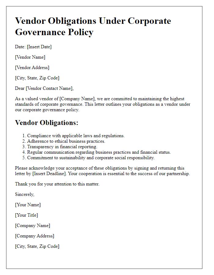 Letter template of vendor obligations under corporate governance policy