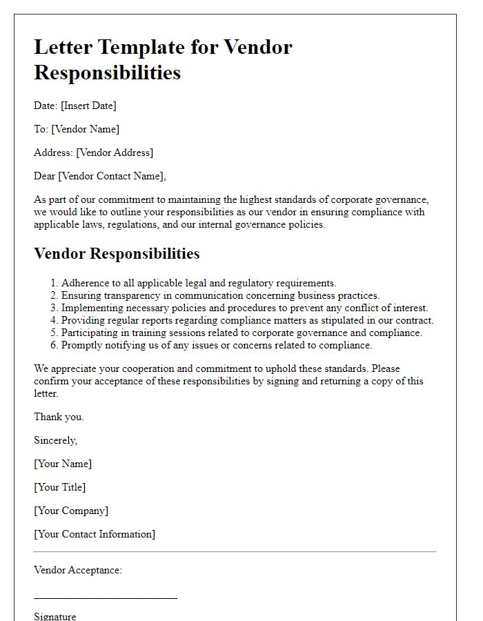 Letter template of vendor responsibilities in corporate governance compliance