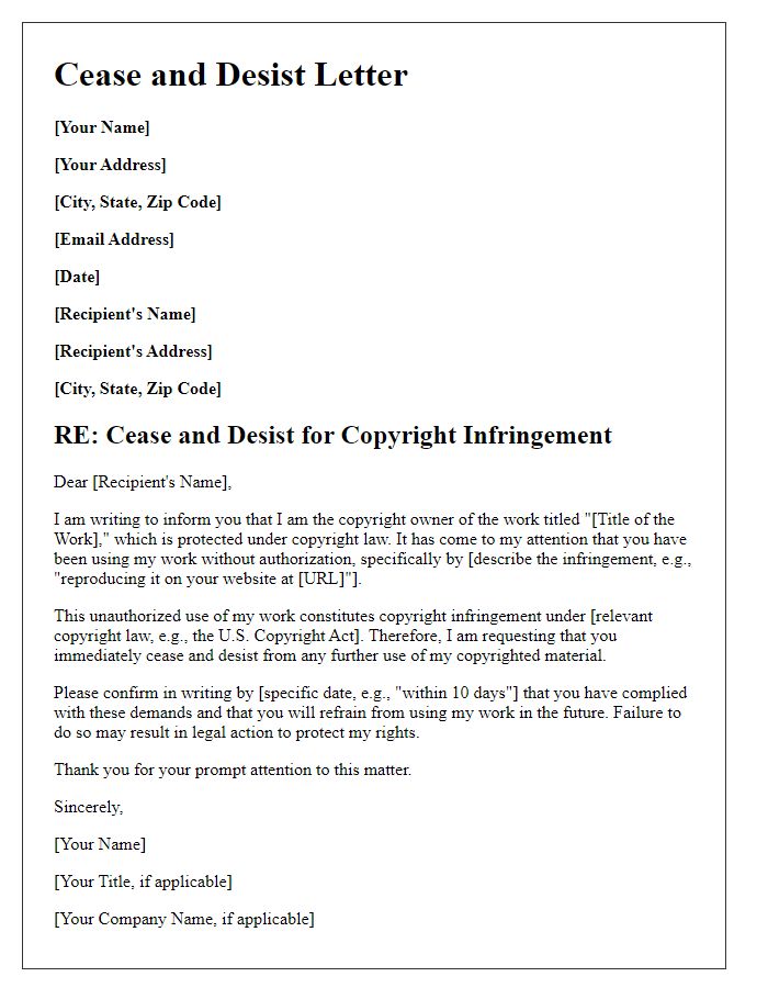 Letter template of cease and desist for copyright infringement