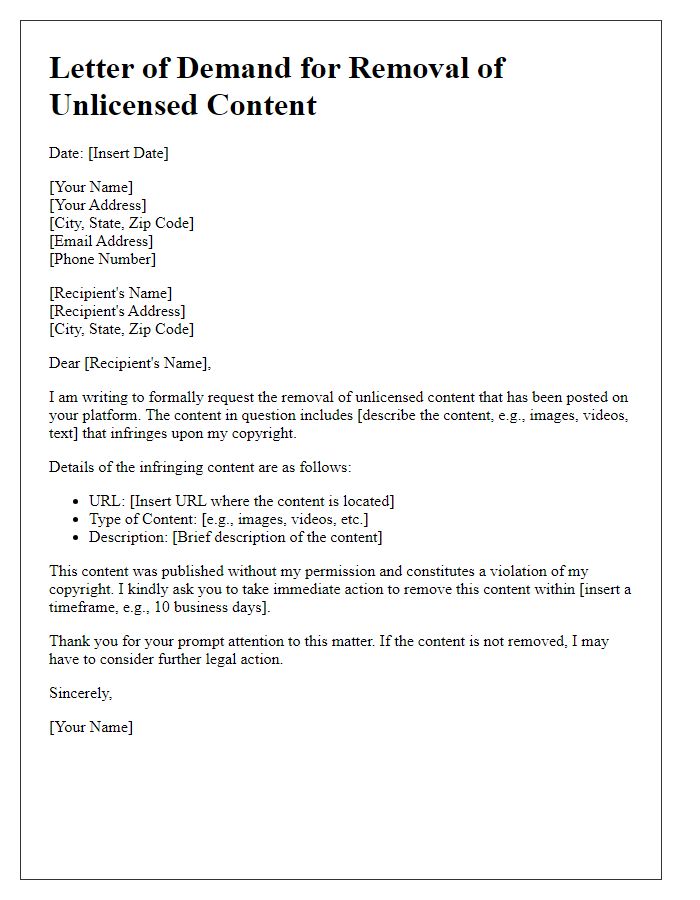 Letter template of demand for removal of unlicensed content