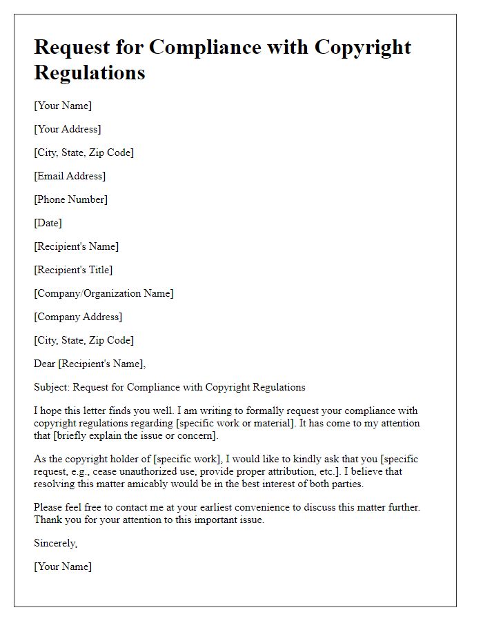 Letter template of request for compliance with copyright regulations