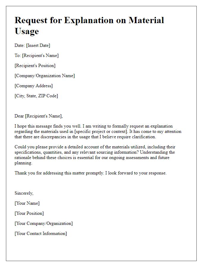 Letter template of request for explanation on material usage