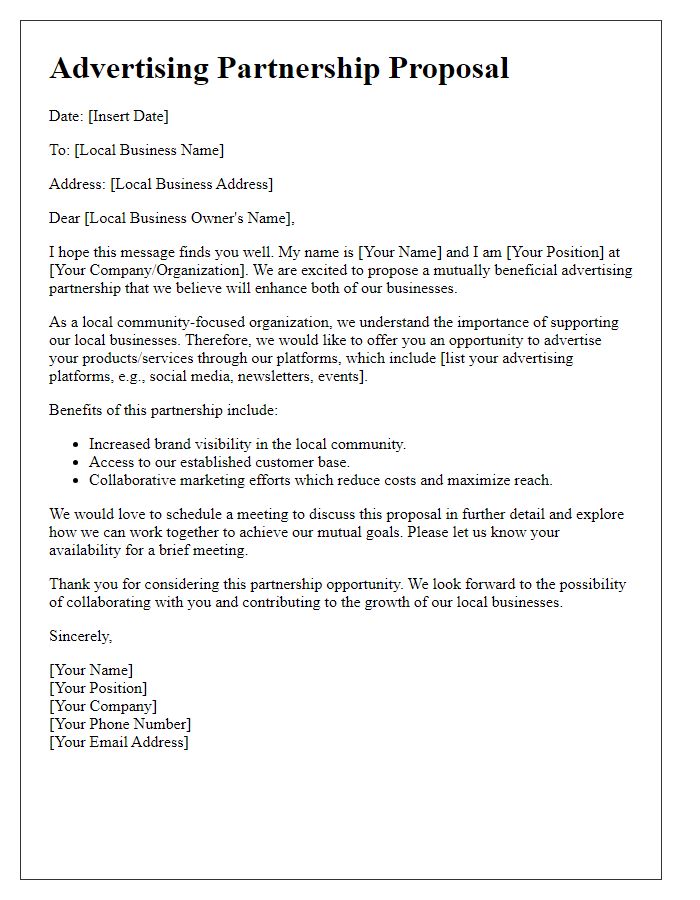 Letter template of an advertising partnership proposal for local businesses.