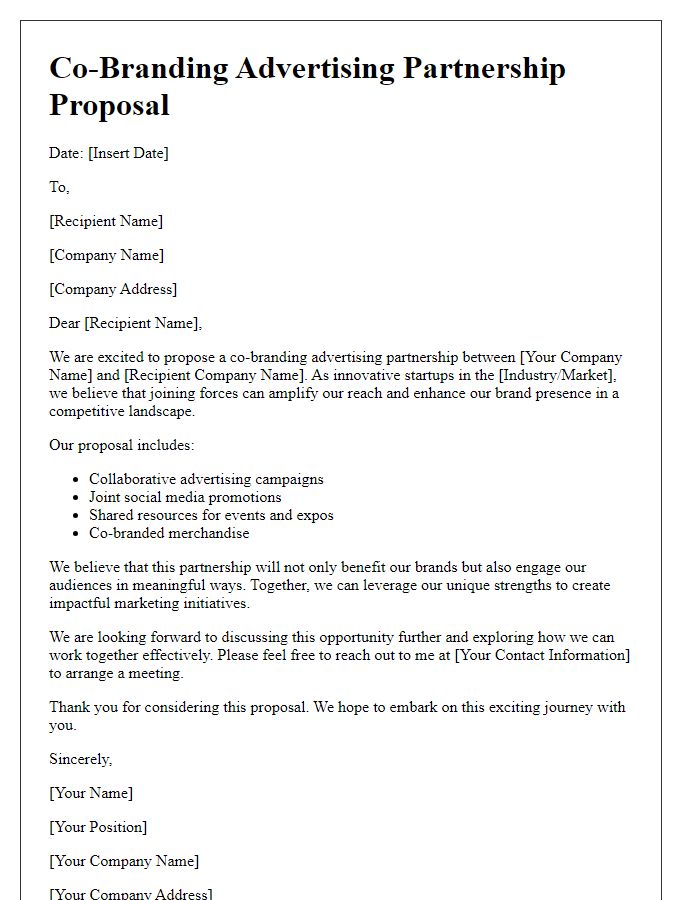 Letter template of a co-branding advertising partnership proposal for startups.