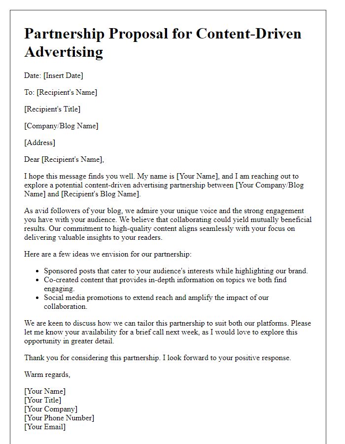 Letter template of a content-driven advertising partnership proposal for blogs.