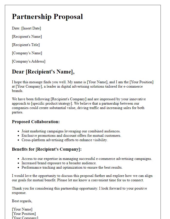 Letter template of a digital advertising partnership proposal for e-commerce brands.