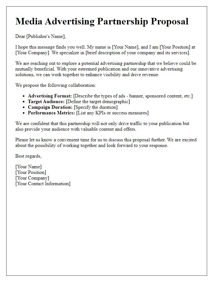 Letter template of a media advertising partnership proposal for publishers.