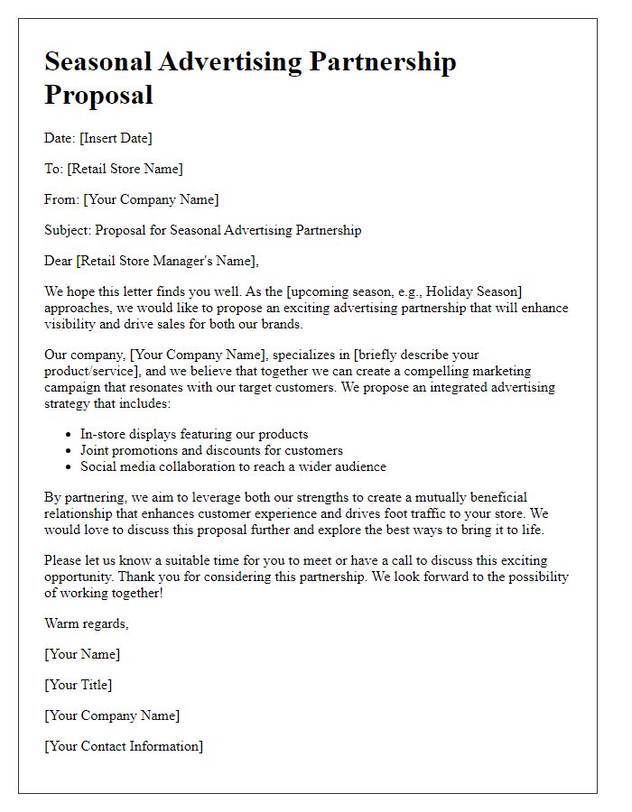 Letter template of a seasonal advertising partnership proposal for retail stores.