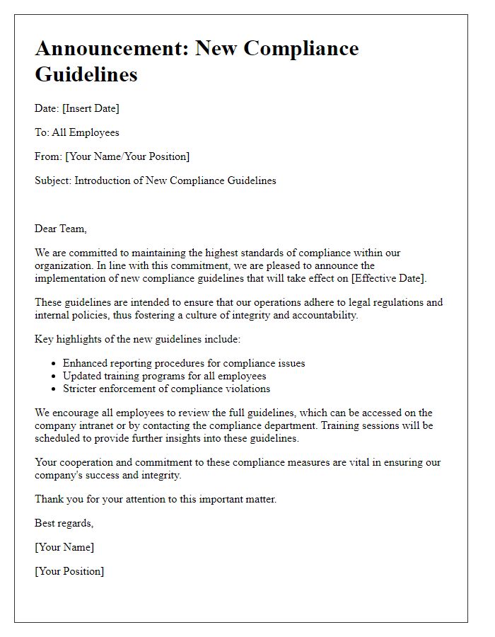 Letter template of announcement regarding new compliance guidelines.