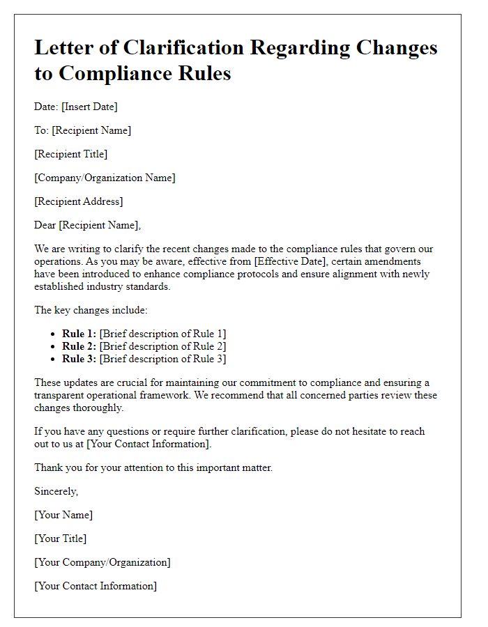 Letter template of clarification about changing compliance rules.