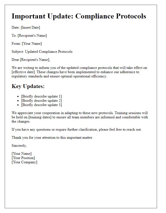 Letter template of communication for updated compliance protocols.