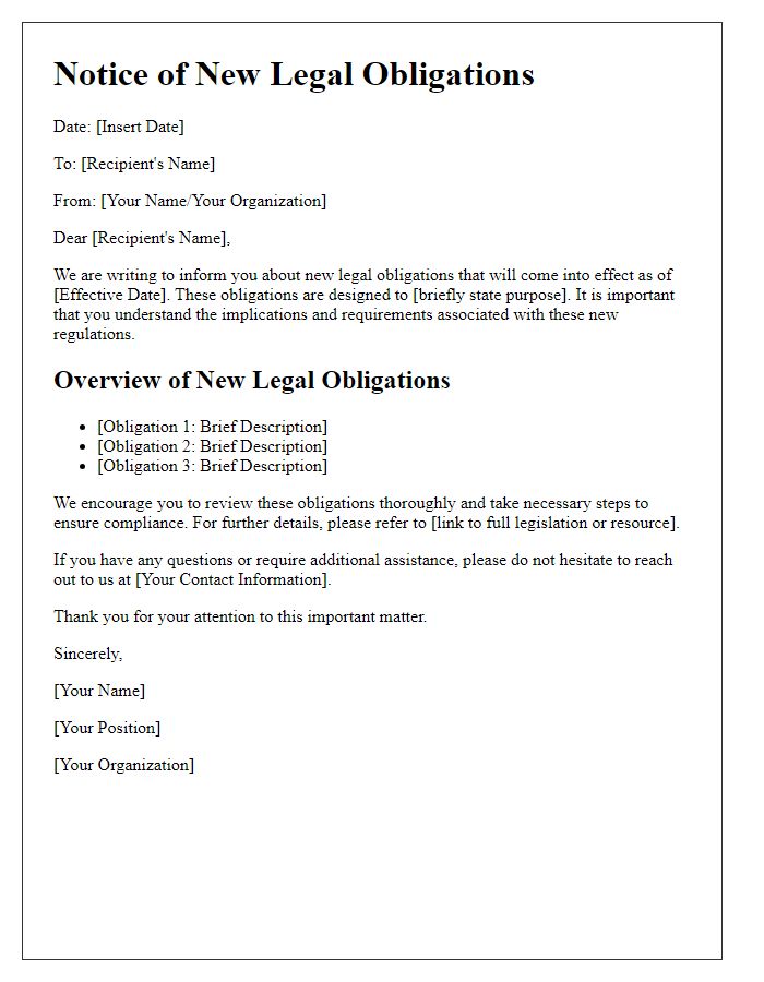 Letter template of information about new legal obligations.