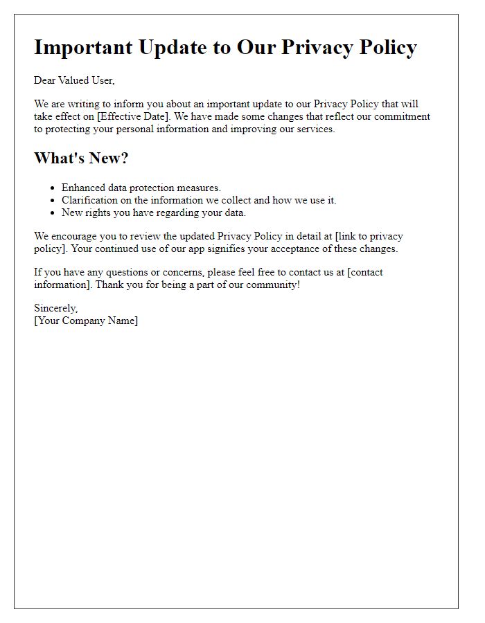 Letter template of newly updated privacy policy for app users