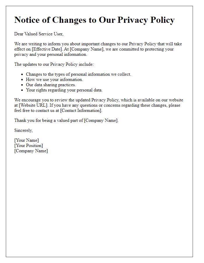 Letter template of privacy policy changes for service users