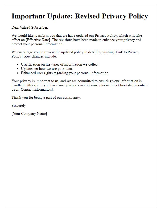 Letter template of revised privacy policy announcement to subscribers