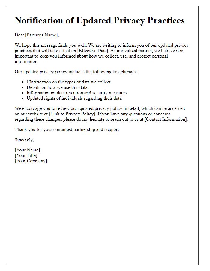 Letter template of updated privacy practices notification for partners