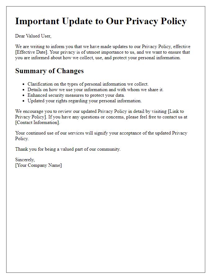 Letter template of updates to privacy policy for website users