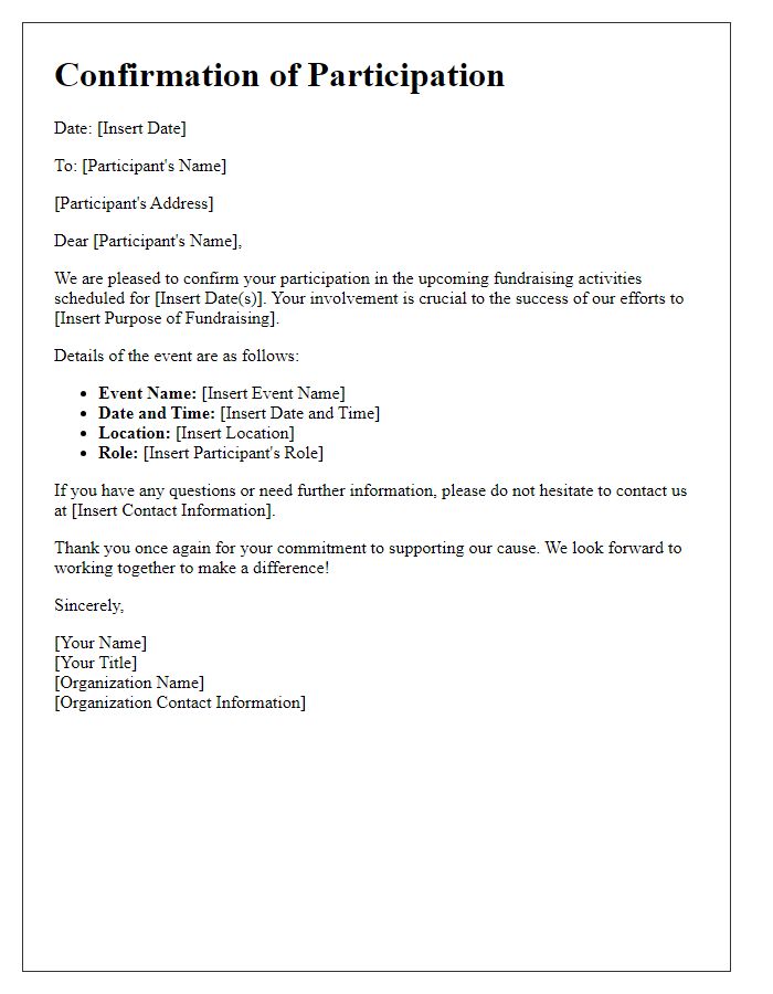 Letter template of confirmation for participation in fundraising activities